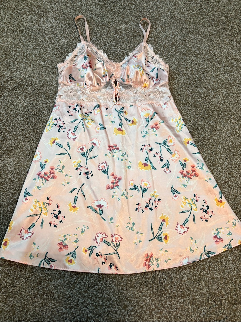 Mentionables Pink Floral Lace Trim Satin Slip Dress